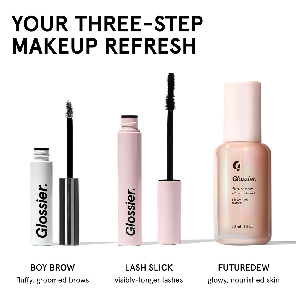 Glossier Lash Slick ingredients label close-up showing conditioning peptides for lash care