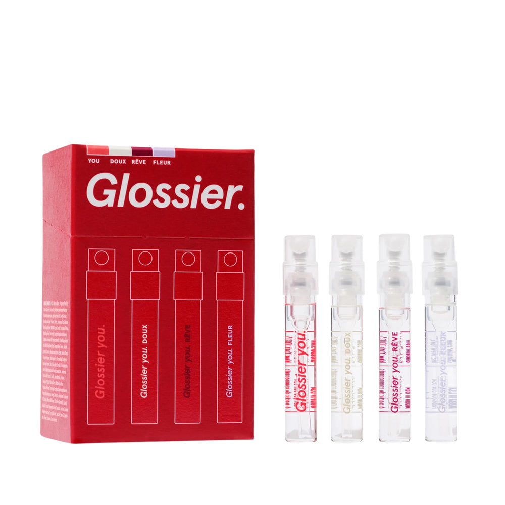 Glossier mini wardrobe front packaging shows compact set and gifting benefit