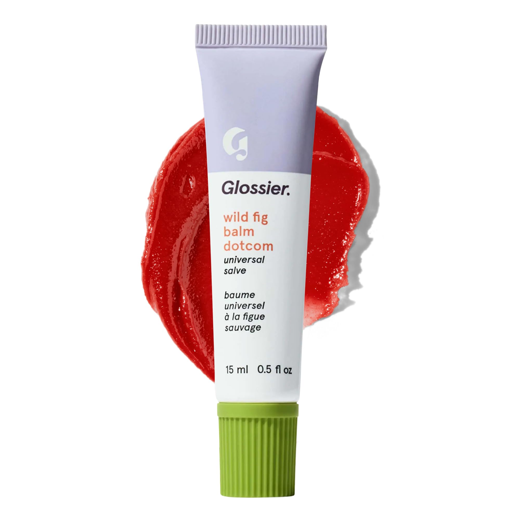 Glossier Balm Dotcom Wild Fig front tube showing coral tint and compact size
