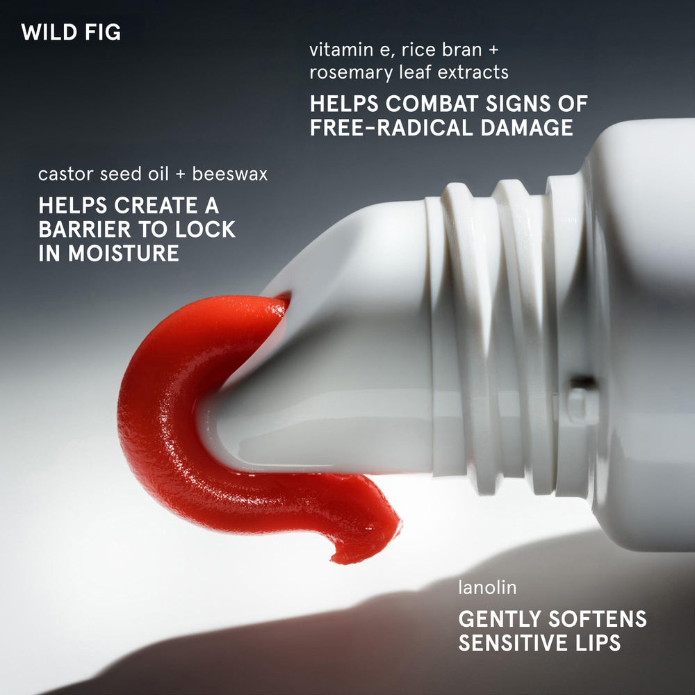 Side-by-side lips before and after using Glossier Wild Fig showing subtle coral enhancement