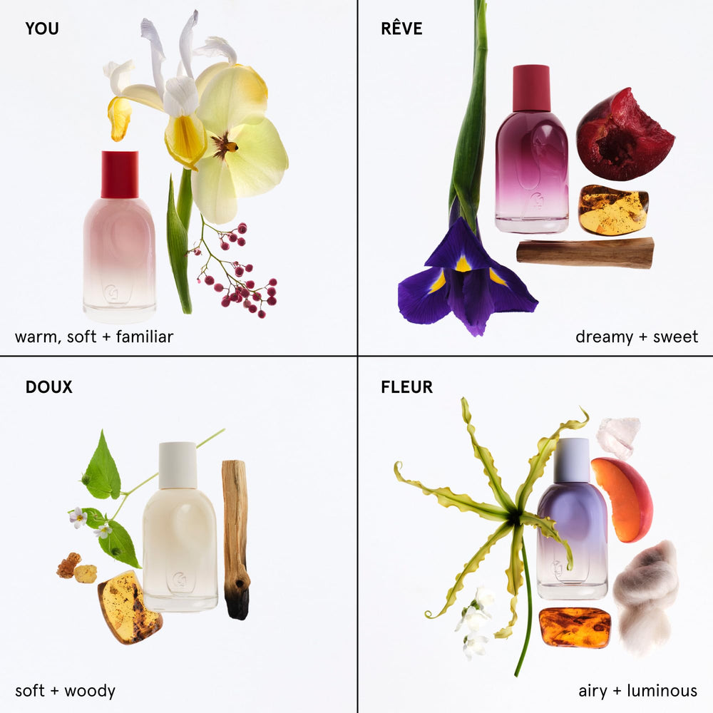 Glossier You Fleur beside a hand for scale, indicates portable 50 ml convenience