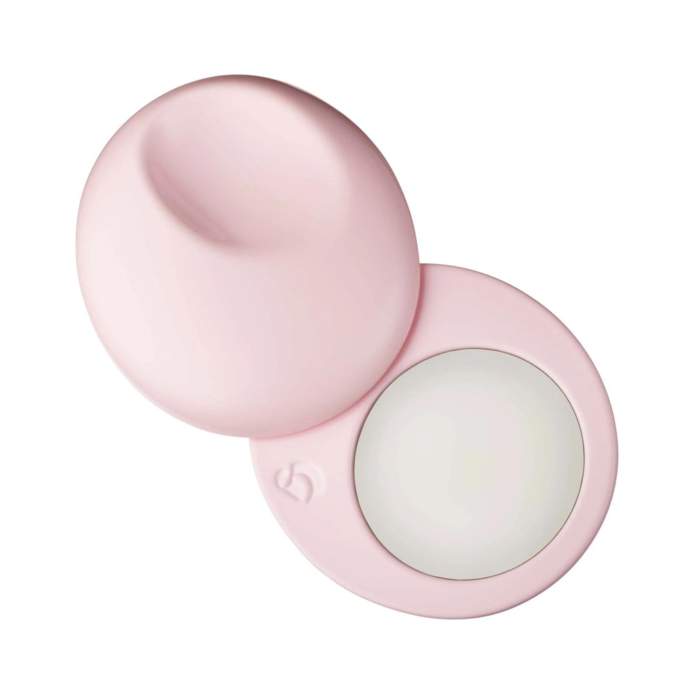 Glossier compact front view showing sleek metal case and branding benefit: travel-ready