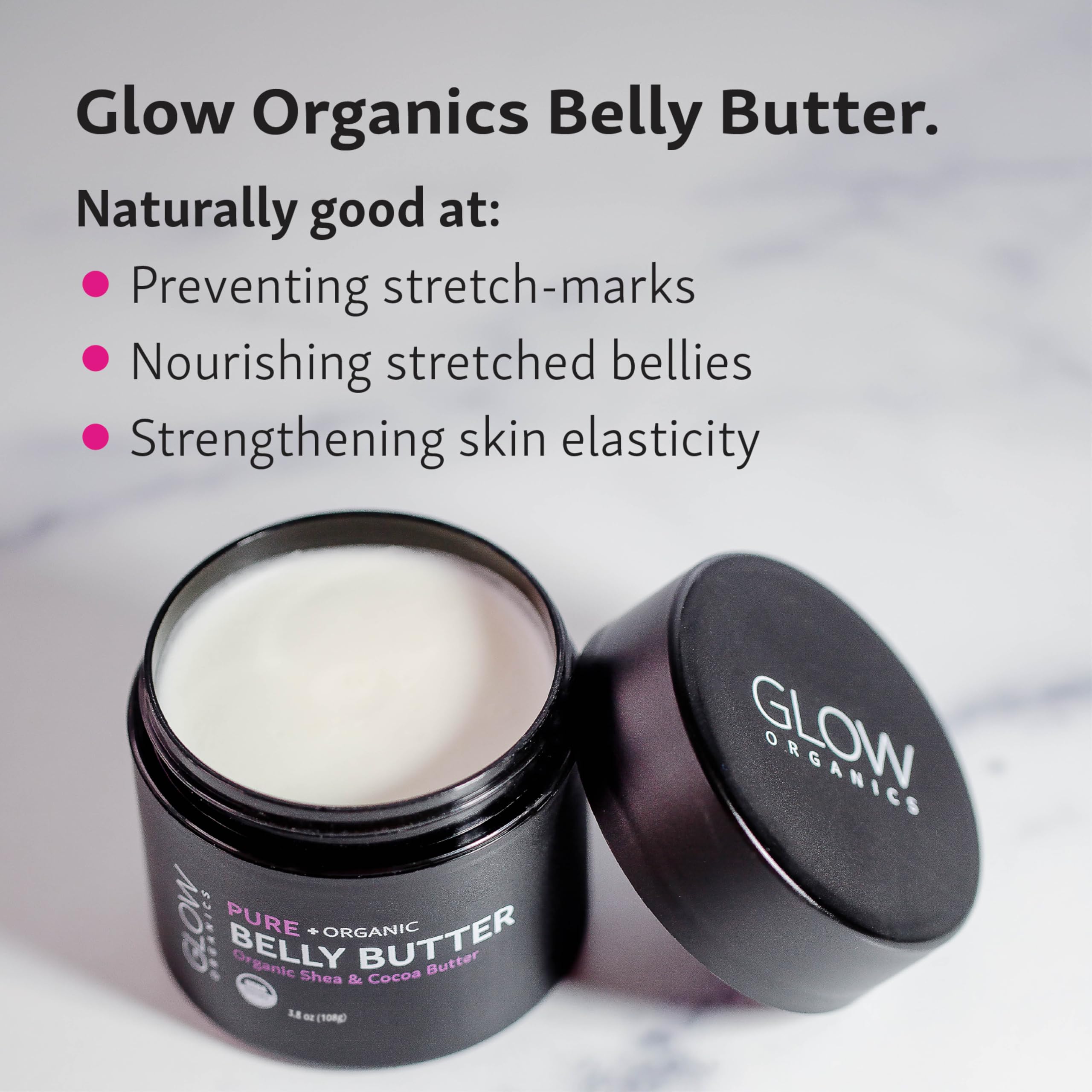 Glow Organics ingredient bowls with shea and cocoa butter highlighting organic simplicity benefit