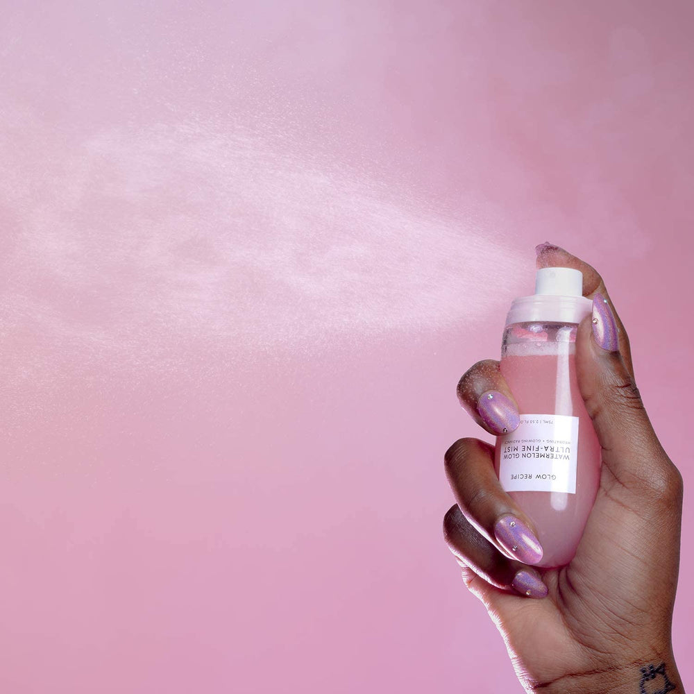 Glow Recipe bottle mid-shake showing bi-phase formula for hydration