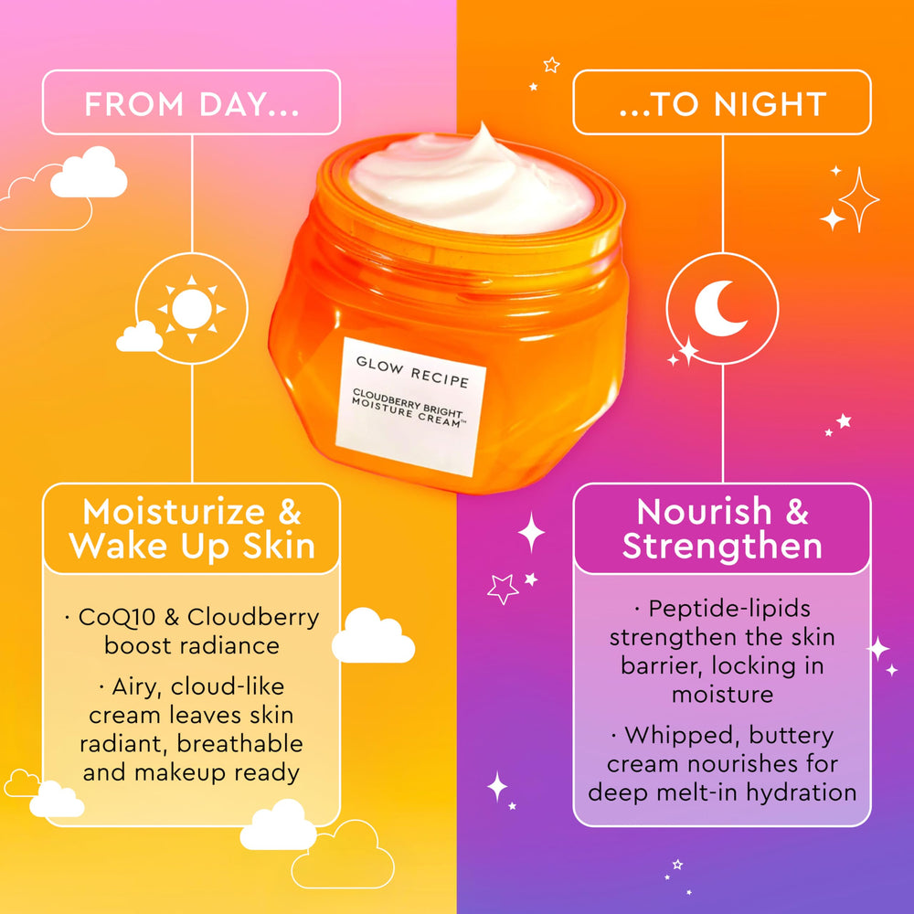 Glow Recipe label close-up highlighting cloudberry, CoQ10, peptides benefits