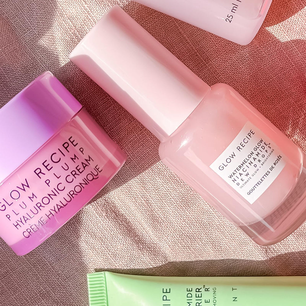 Glow Recipe products styled on bathroom shelf suggesting daily grooming ritual