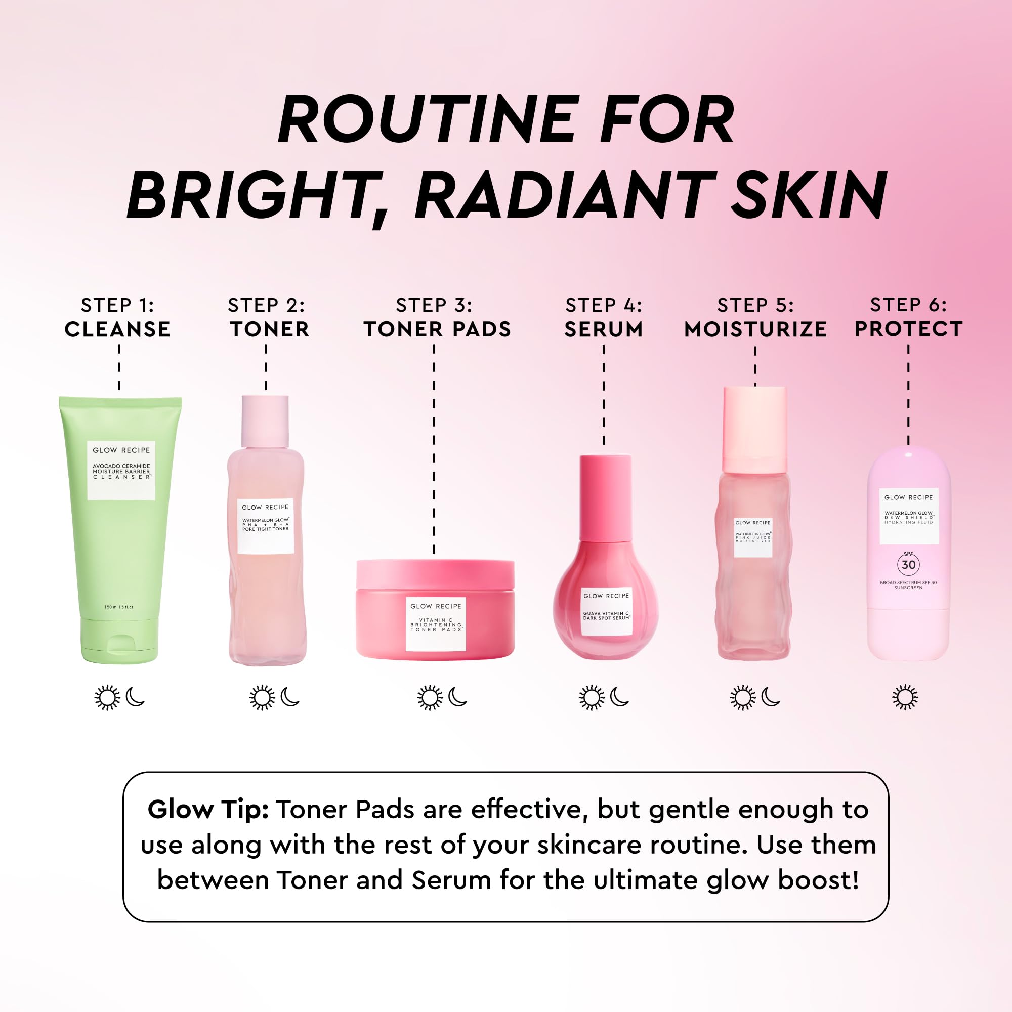Open jar with stacked pads highlighting Glow Recipe ready-to-use dosing