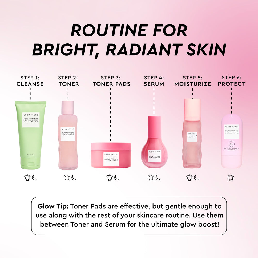 Open jar with stacked pads highlighting Glow Recipe ready-to-use dosing