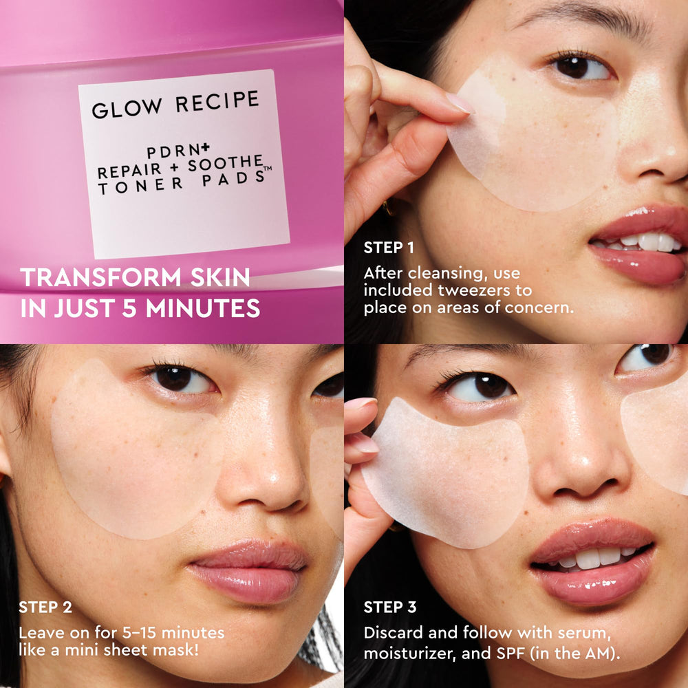Glow Recipe pad applied to cheek delivering visible calming benefit