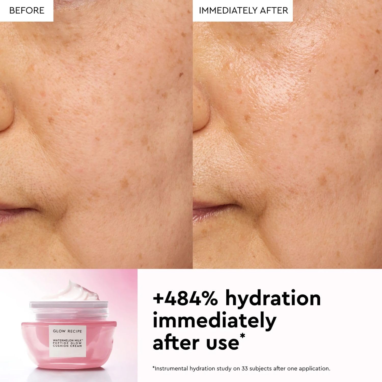 Glow Recipe cream being scooped and applied demonstrating smooth makeup base benefit