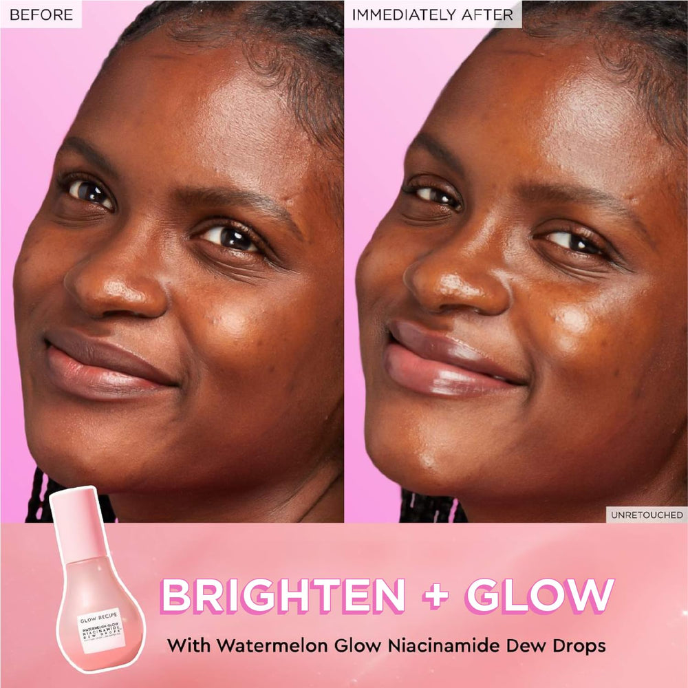 Glow Recipe serum smoothed on skin illustrating instant dewy finish and visible surface plumpness