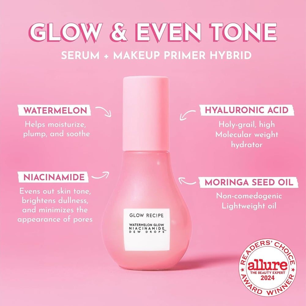 Glow Recipe pump dispensing a clear drop highlighting lightweight texture and quick absorption benefit