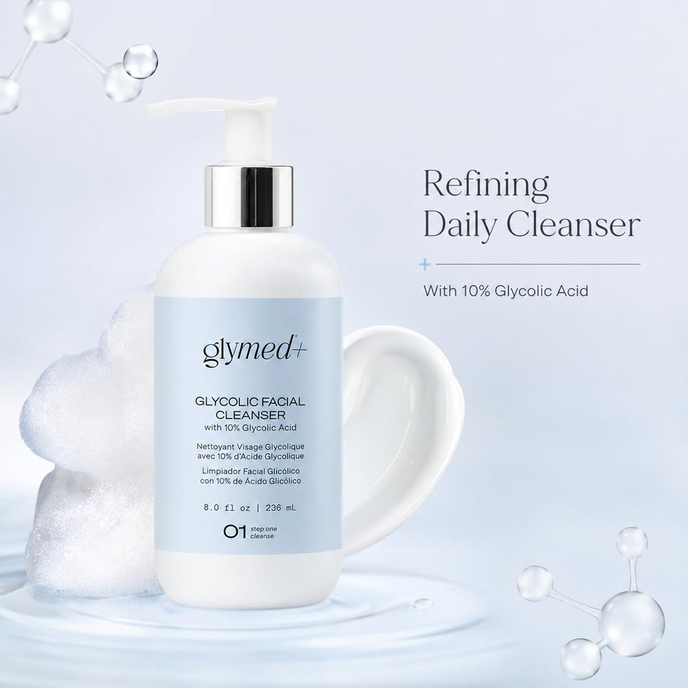 GLYMED bottle with text callout for 10% glycolic acid exfoliating benefit
