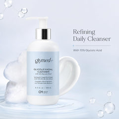 GLYMED bottle with text callout for 10% glycolic acid exfoliating benefit