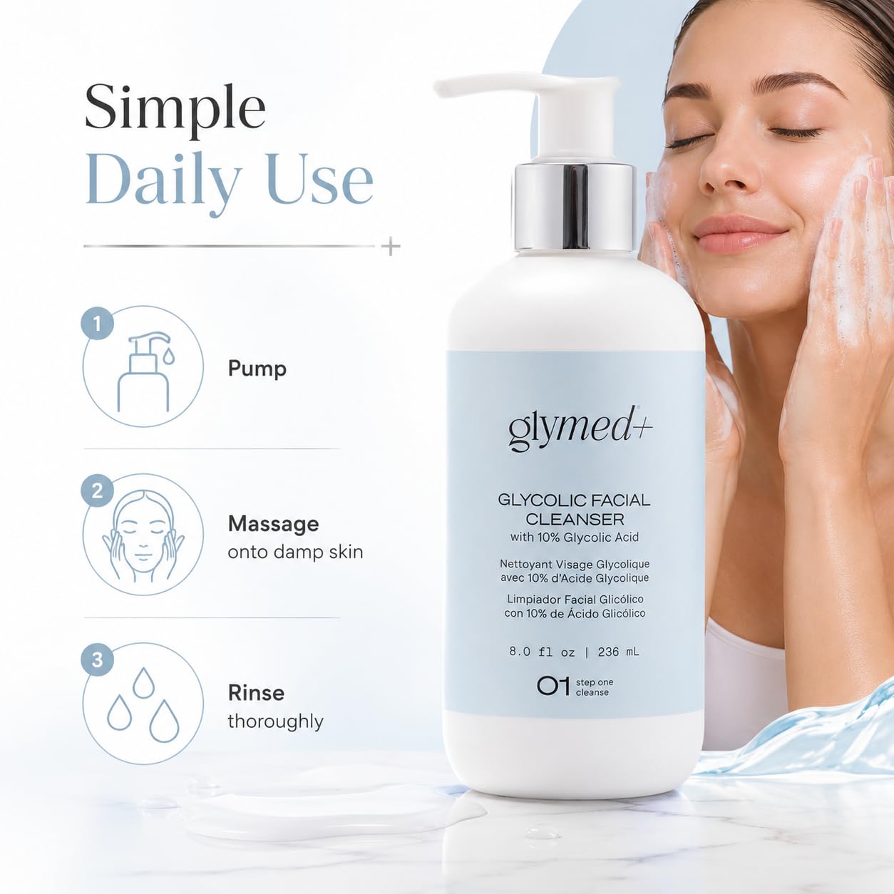 GLYMED facial wash on bathroom counter in calming skincare routine setting