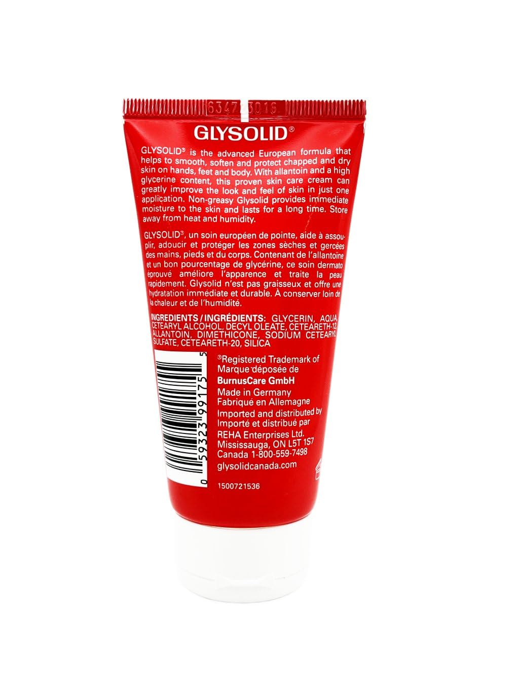 Glysolid cream on hand close-up demonstrating smooth texture and quick softening