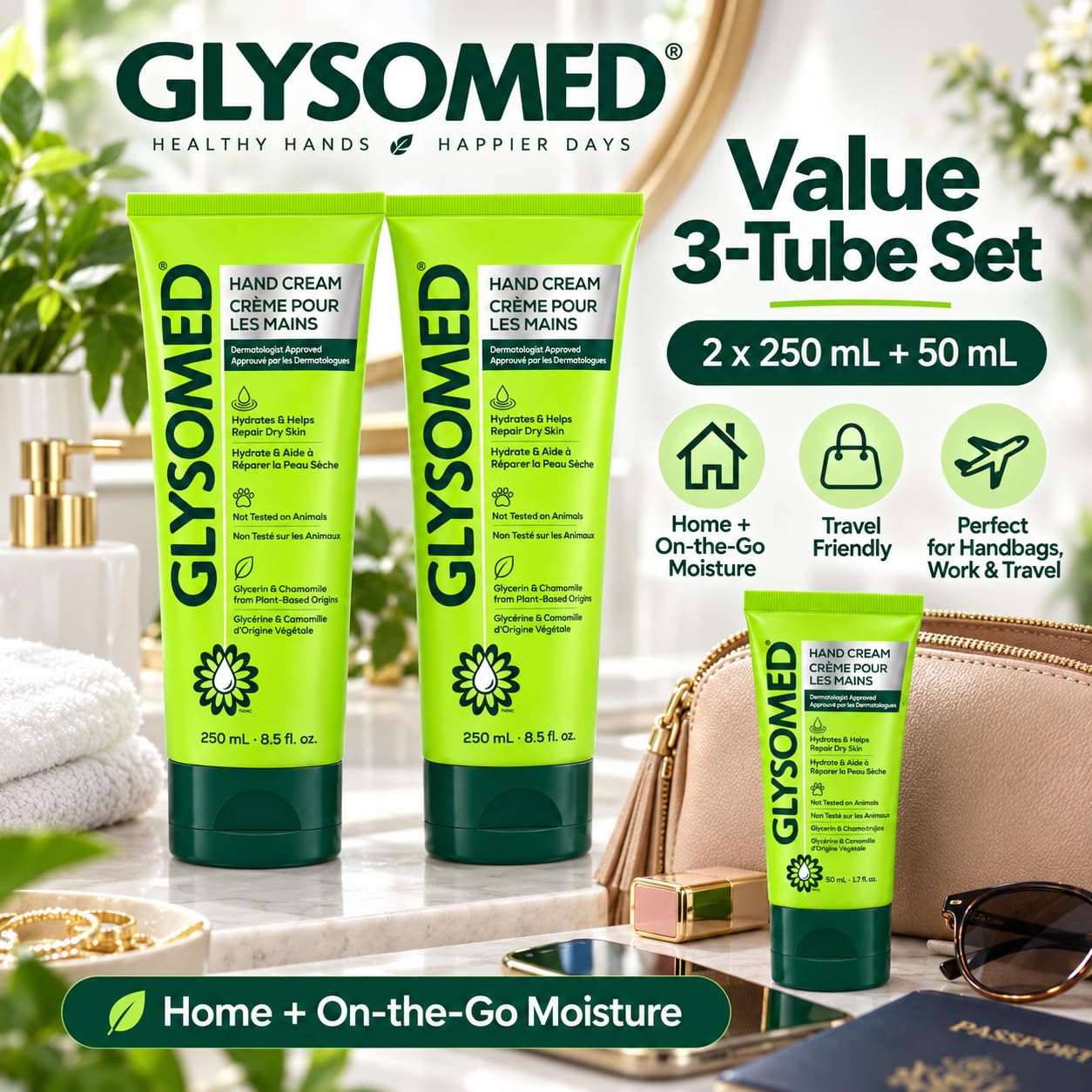 Glysomed cream texture on fingertip showing non-greasy absorption benefit