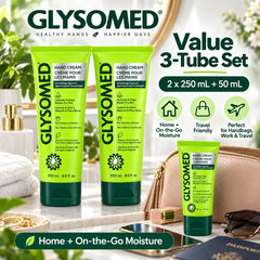 Glysomed cream texture on fingertip showing non-greasy absorption benefit