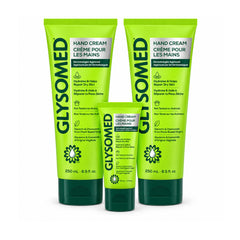 Glysomed front packaging showing three-tube combo and benefits