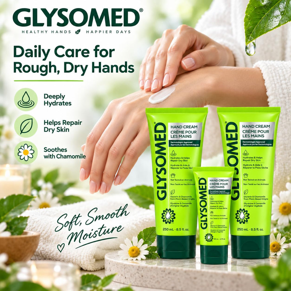 Glysomed tubes on bathroom counter showing daily-use convenience benefit