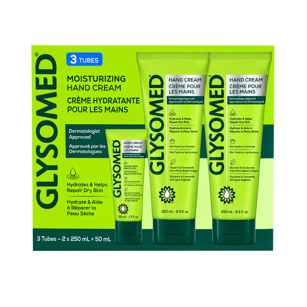 Glysomed large tube close-up showing nozzle and easy dispense benefit