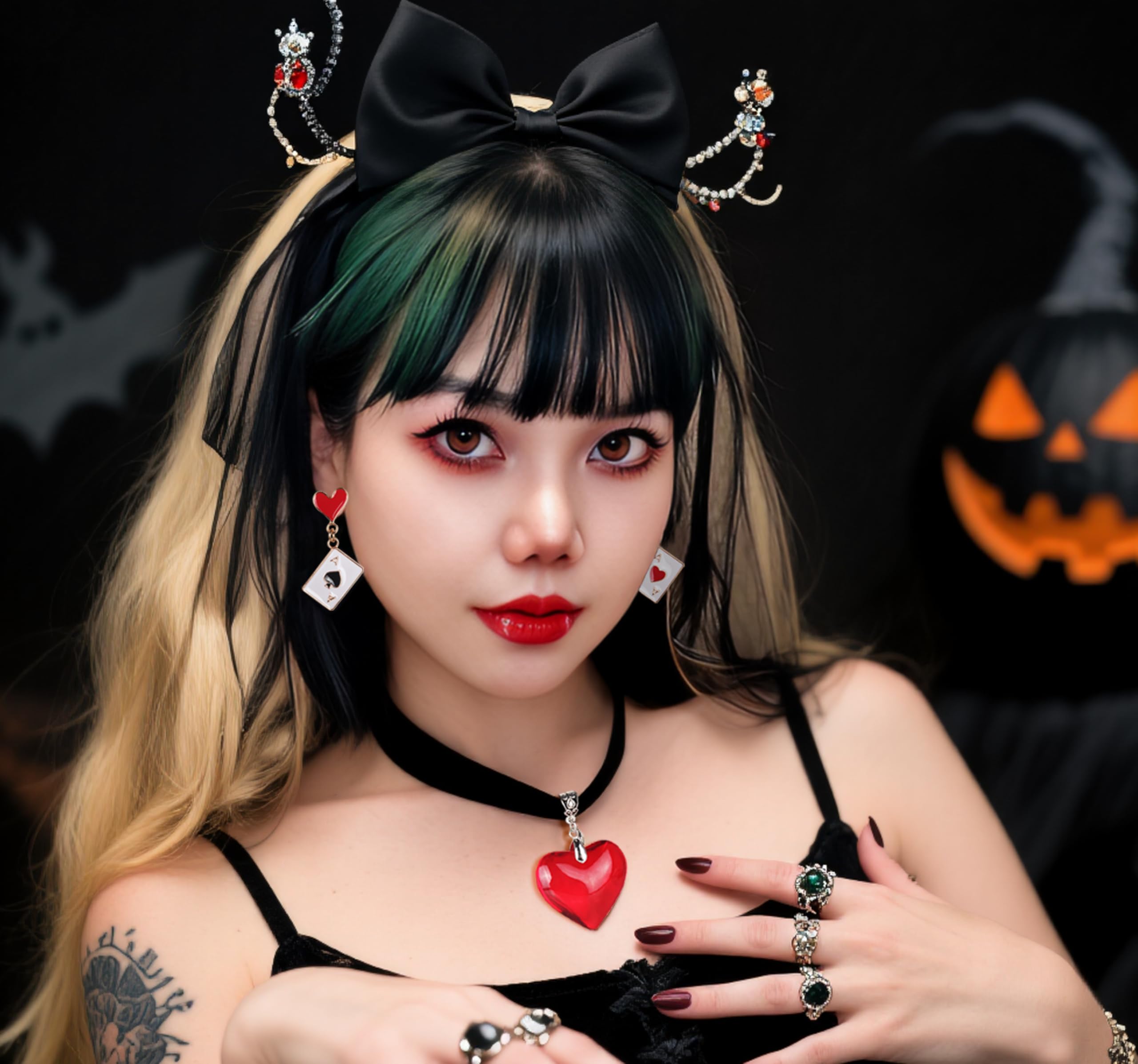 Go Ho heart necklace and asymmetric earrings highlighting regal look