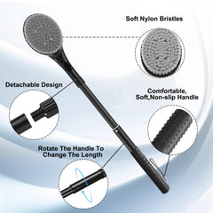 Gobetili extended 26-inch brush in shower demonstrating easy reach