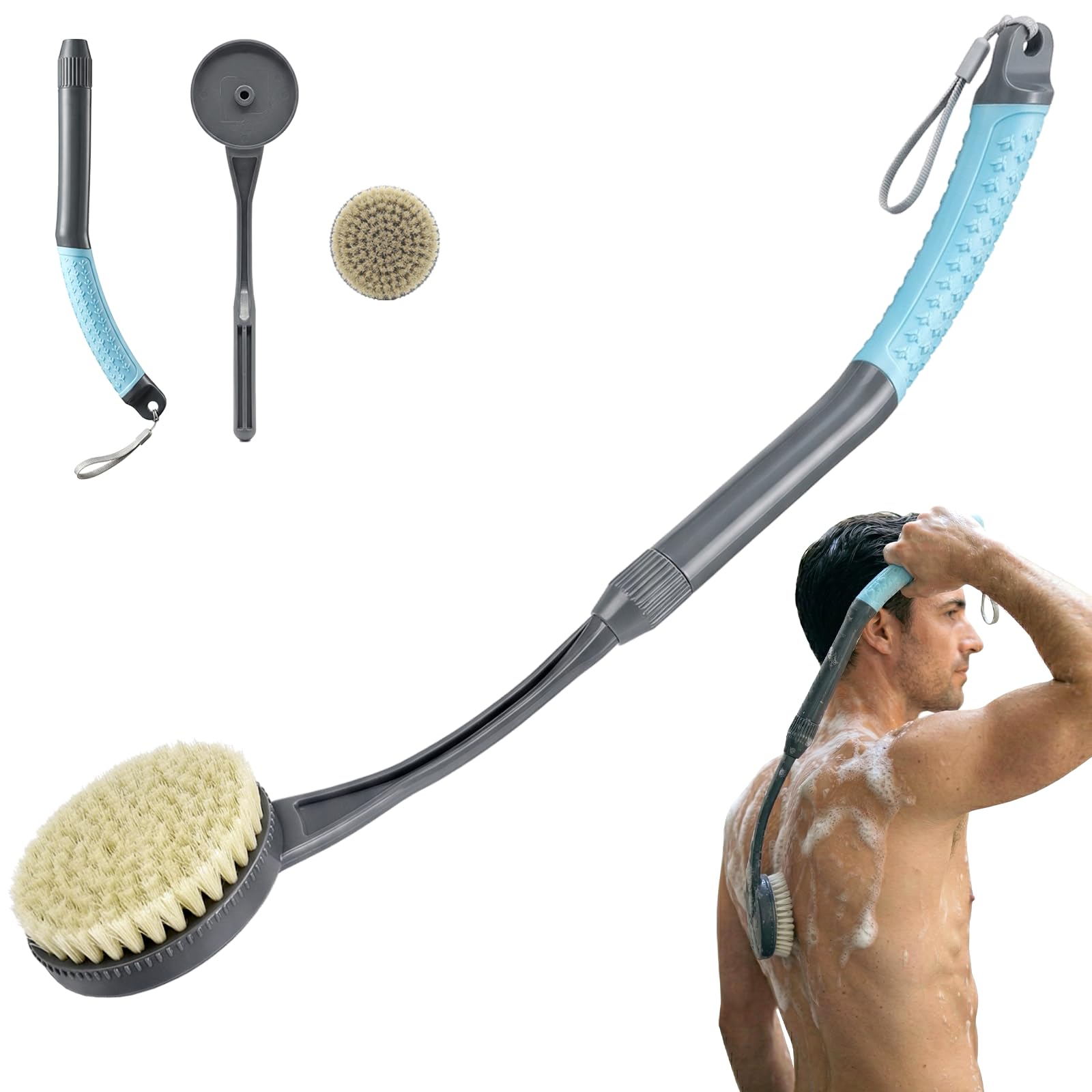 Gobetili front view of blue back scrubber showing overall design and reach benefit