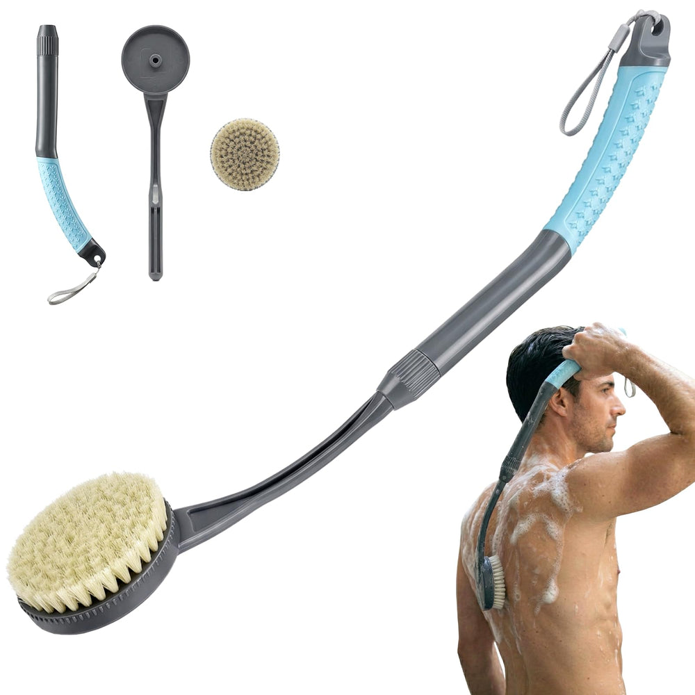 Gobetili front view of blue back scrubber showing overall design and reach benefit