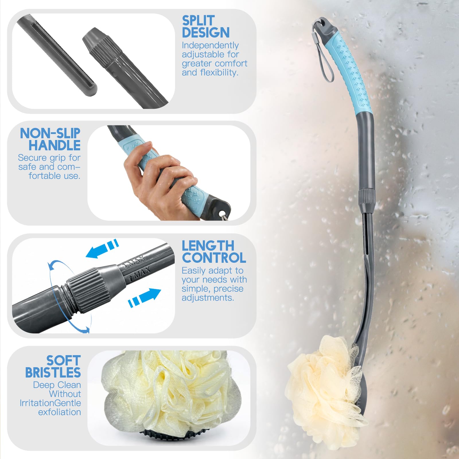 Gobiteli loofah extended length demonstration illustrating adjustable reach