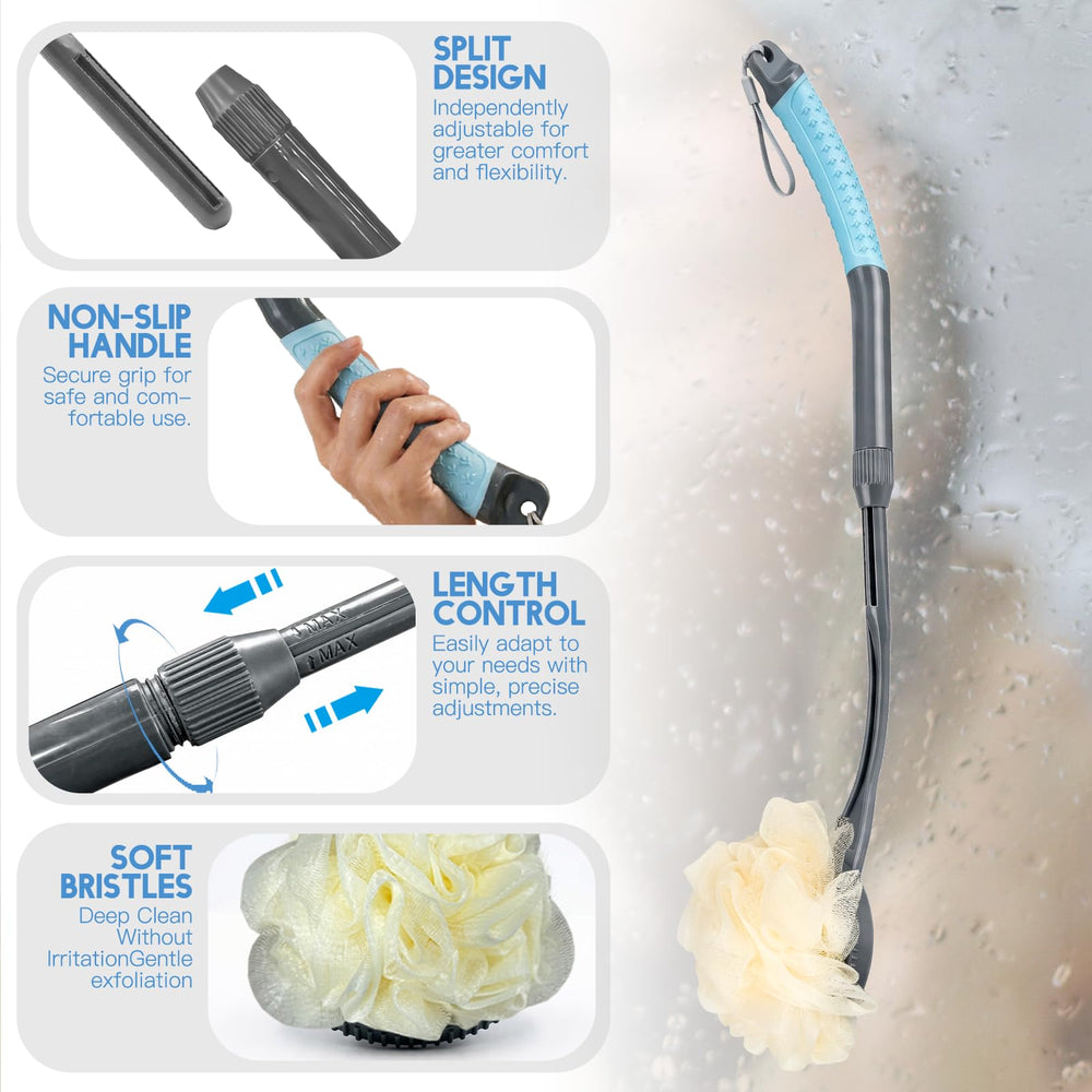 Gobiteli loofah extended length demonstration illustrating adjustable reach