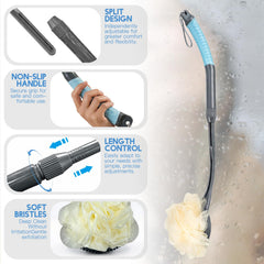 Gobiteli loofah extended length demonstration illustrating adjustable reach