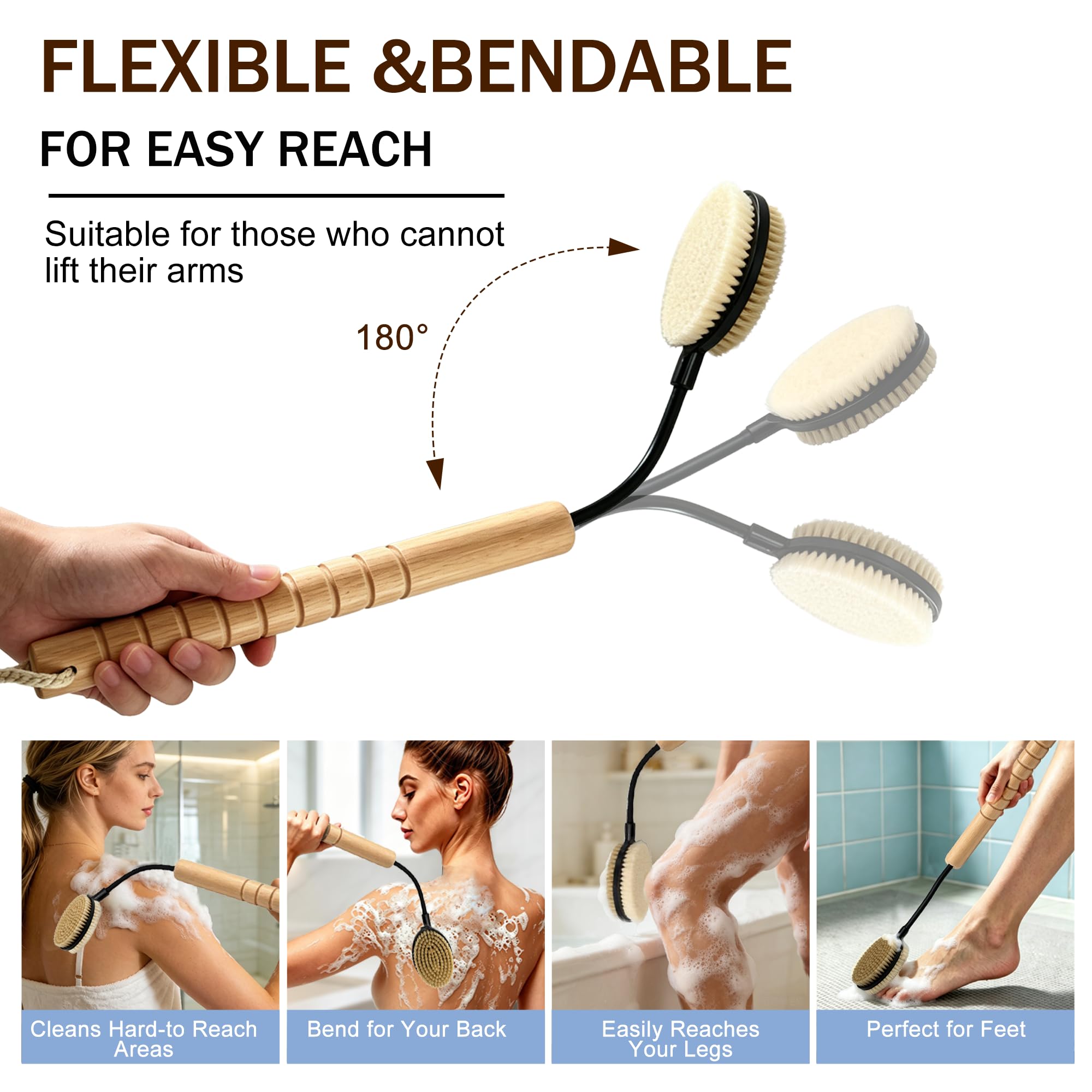 Gobiteli bendable scrubber in use curved to reach mid-back for easier cleaning and comfort