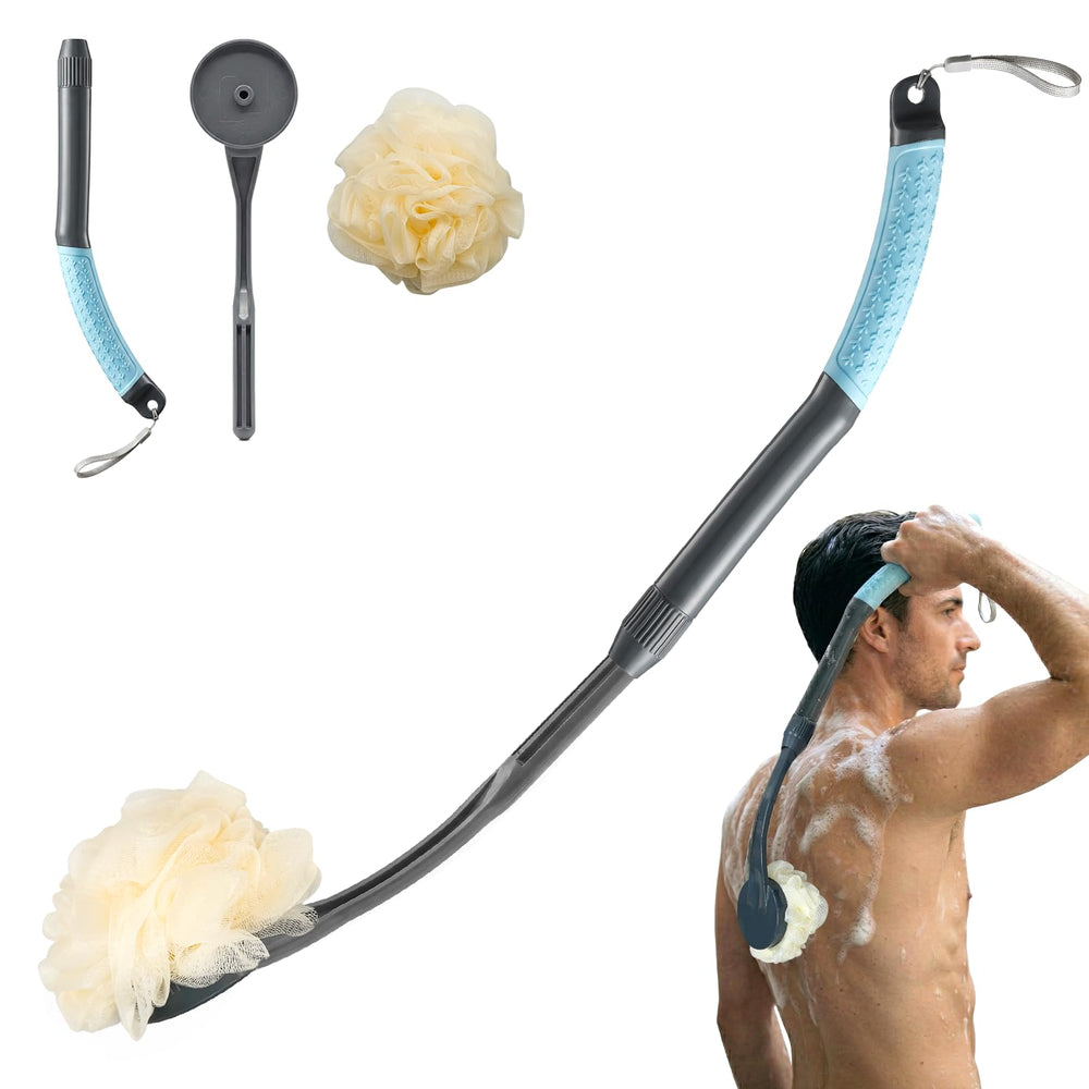 Gobiteli front view loofah with handle showing full product and benefit of easy reach
