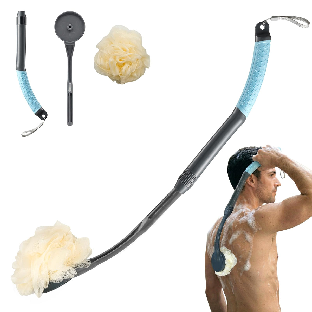 Gobiteli front view loofah with handle showing full product and benefit of easy reach