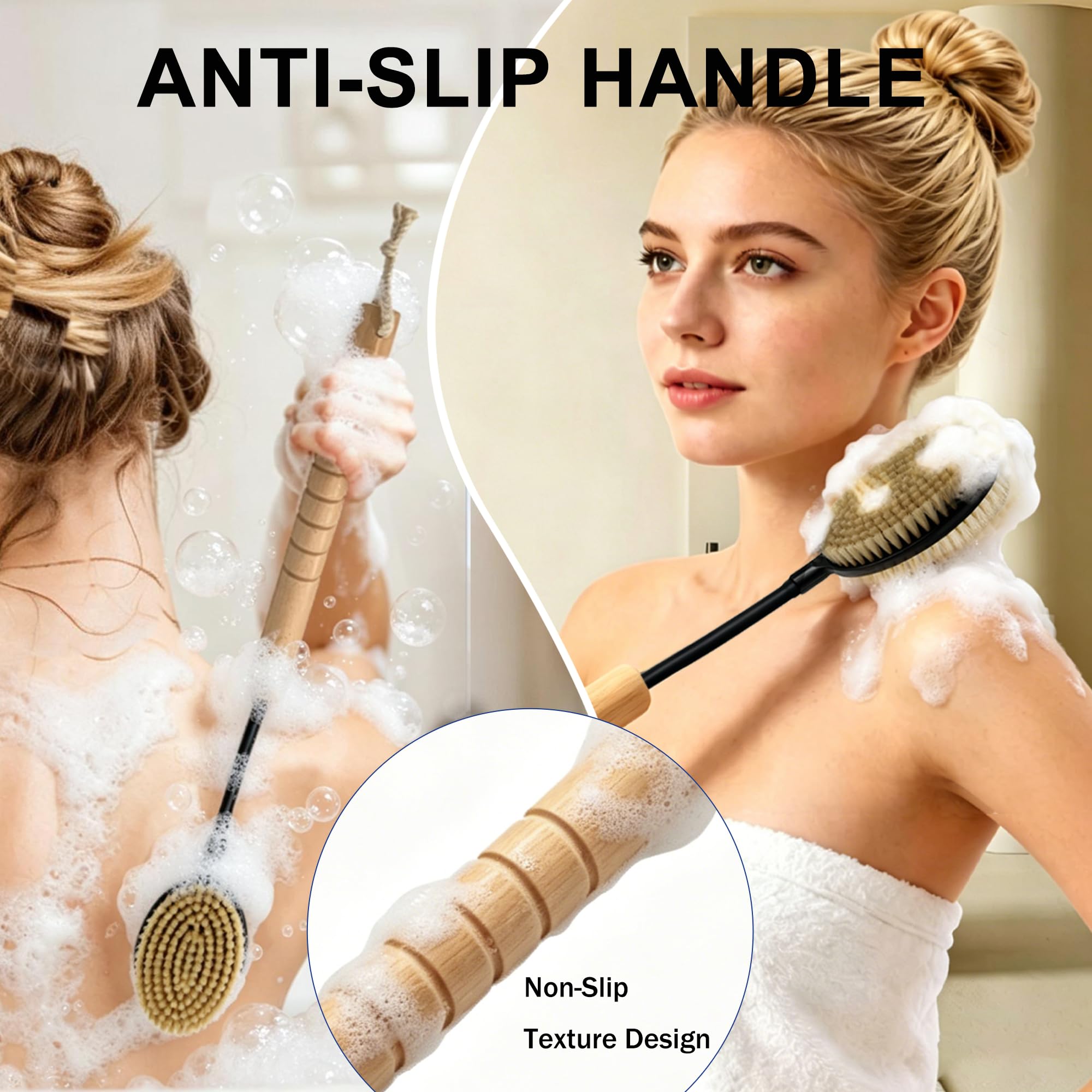 Gobiteli wooden handle detail with raised grooves providing secure anti-slip grip when wet