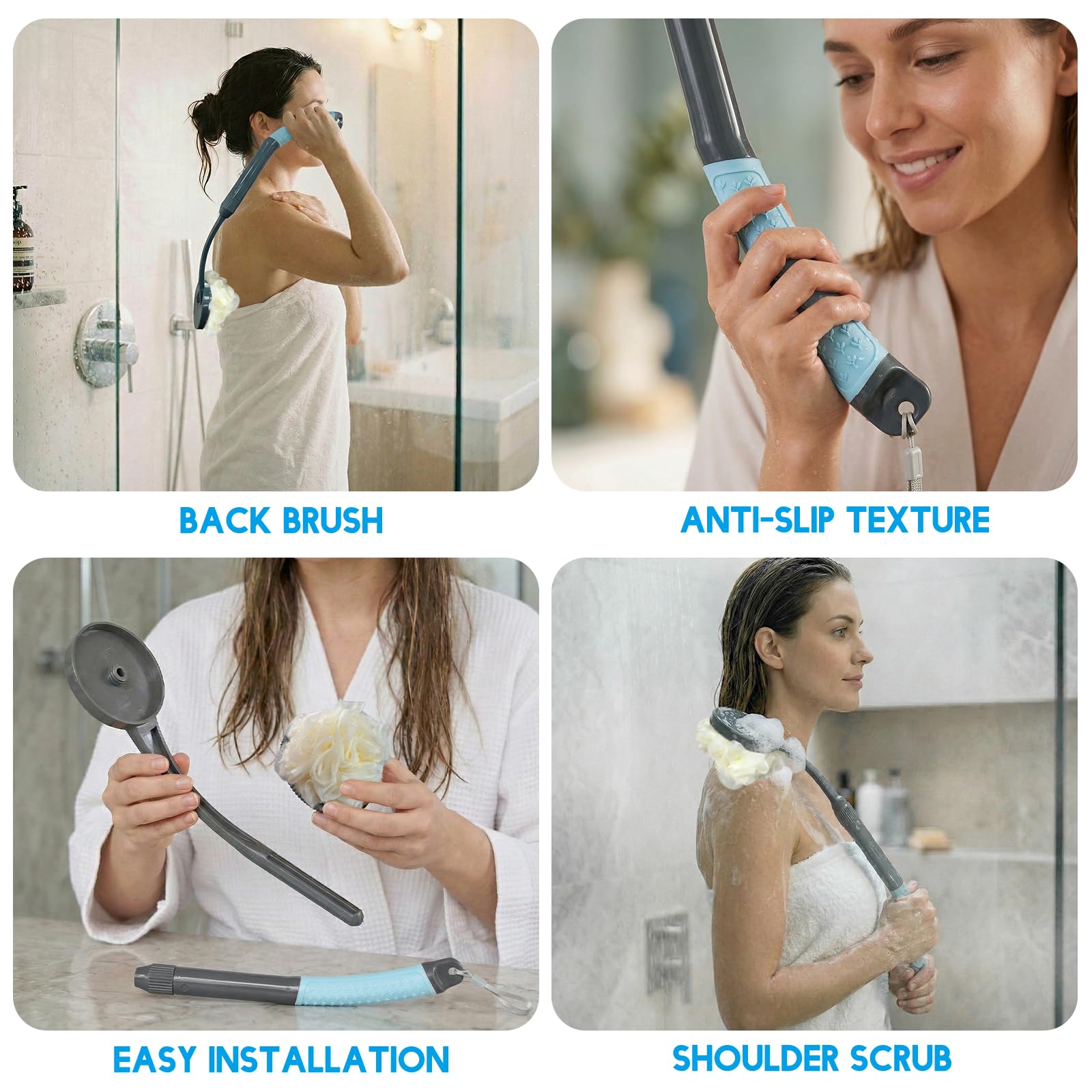 Gobiteli in-shower use scrubbing back showing thorough cleaning benefit