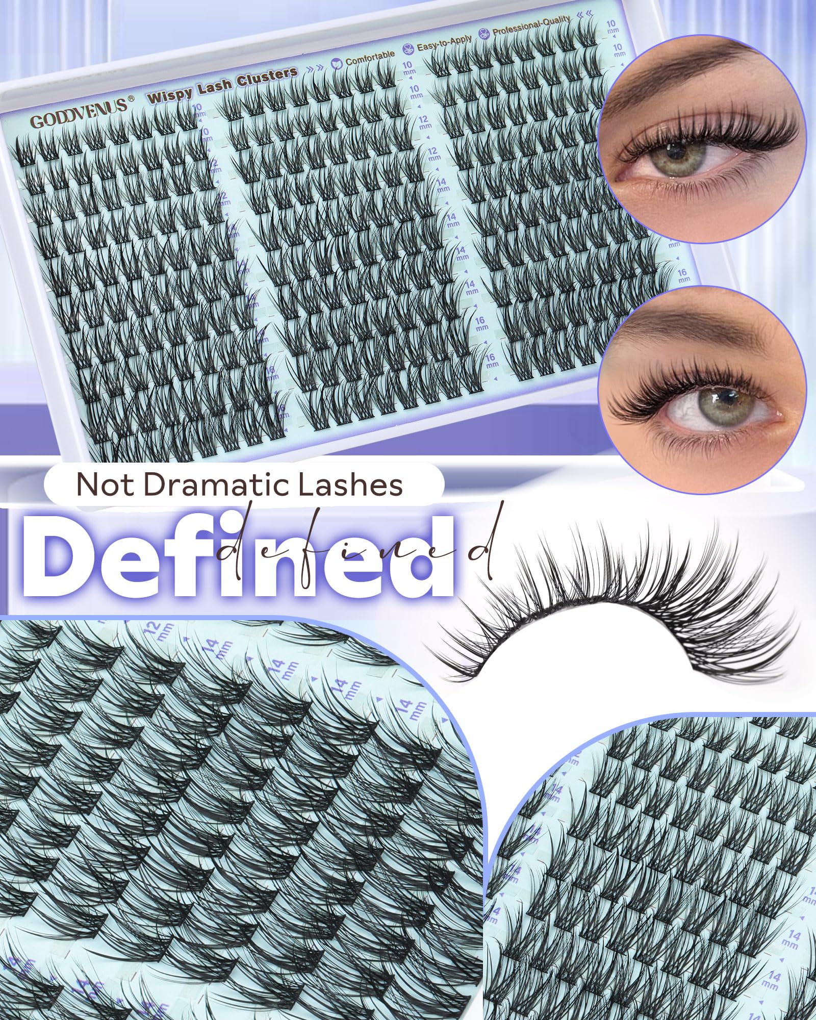 Goddvenus size range strips showing 10mm to 16mm clusters