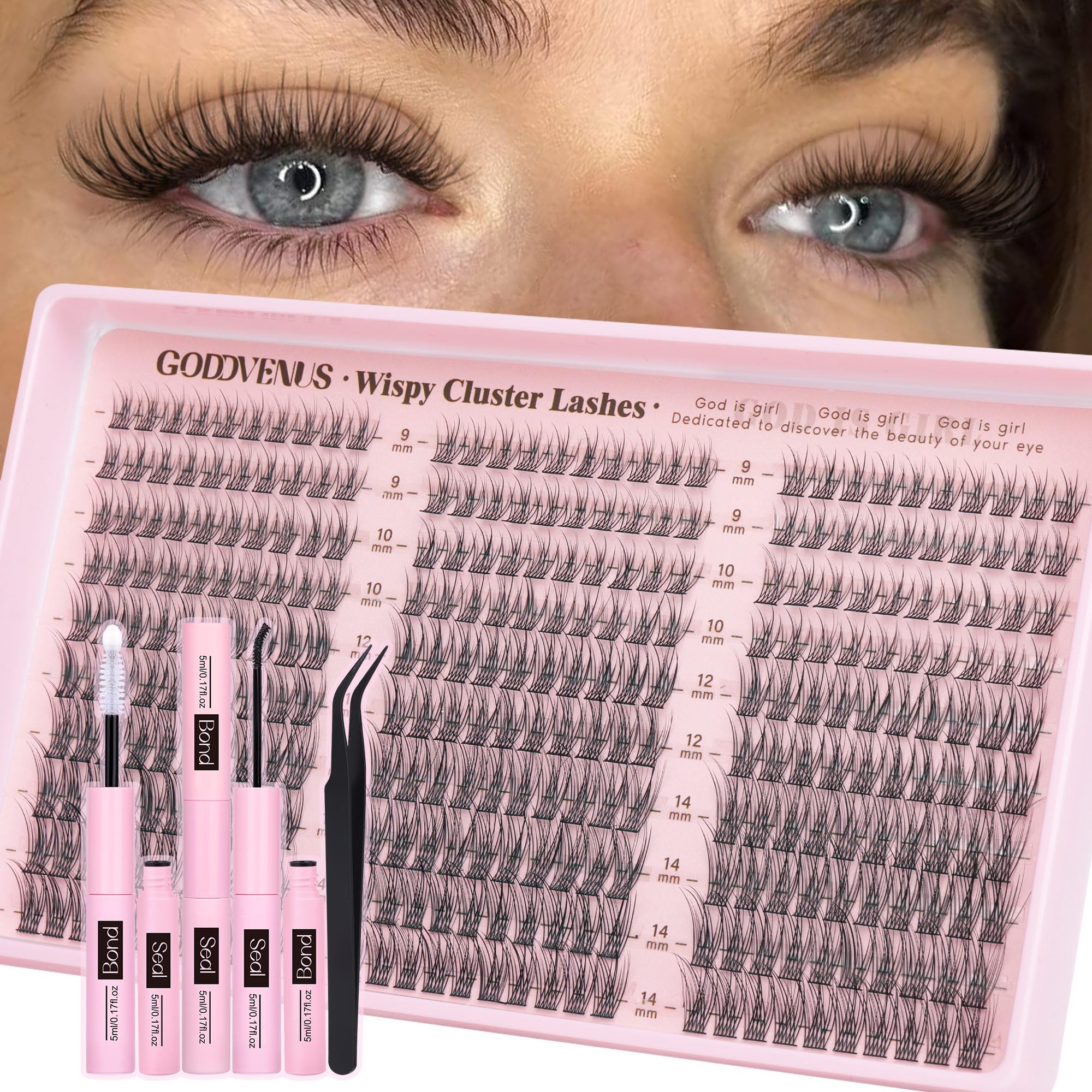 Goddvenus front packaging showing 300-piece cluster kit and included tweezers for convenience