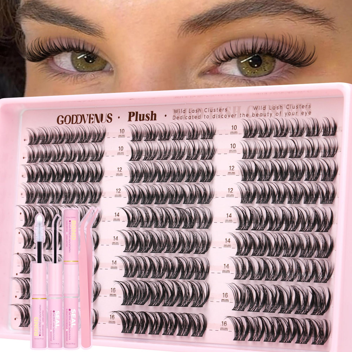 Goddvenus front packaging showing full plush lash clusters kit and contents