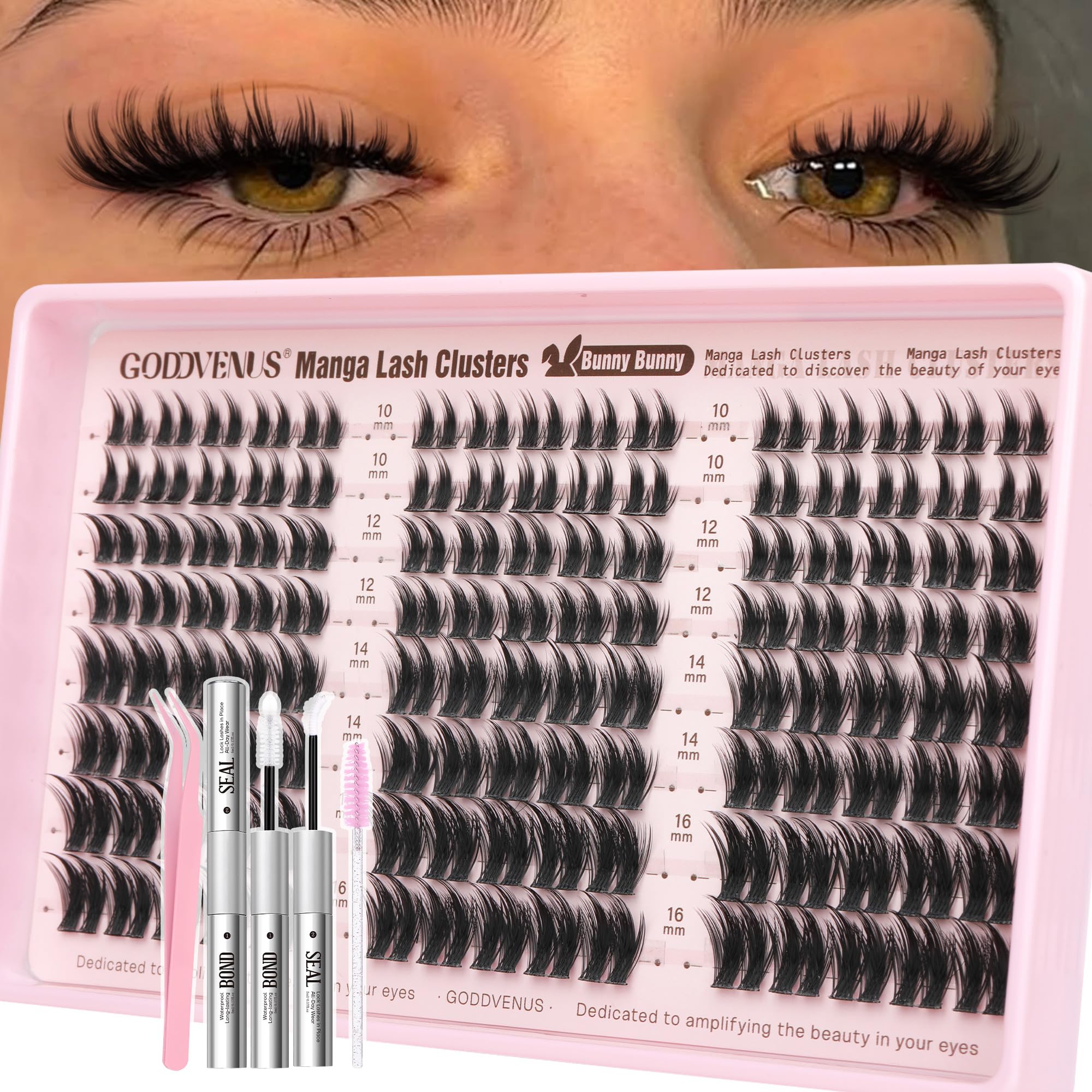 Goddvenus kit front packaging showing included lash clusters and tools for easy DIY