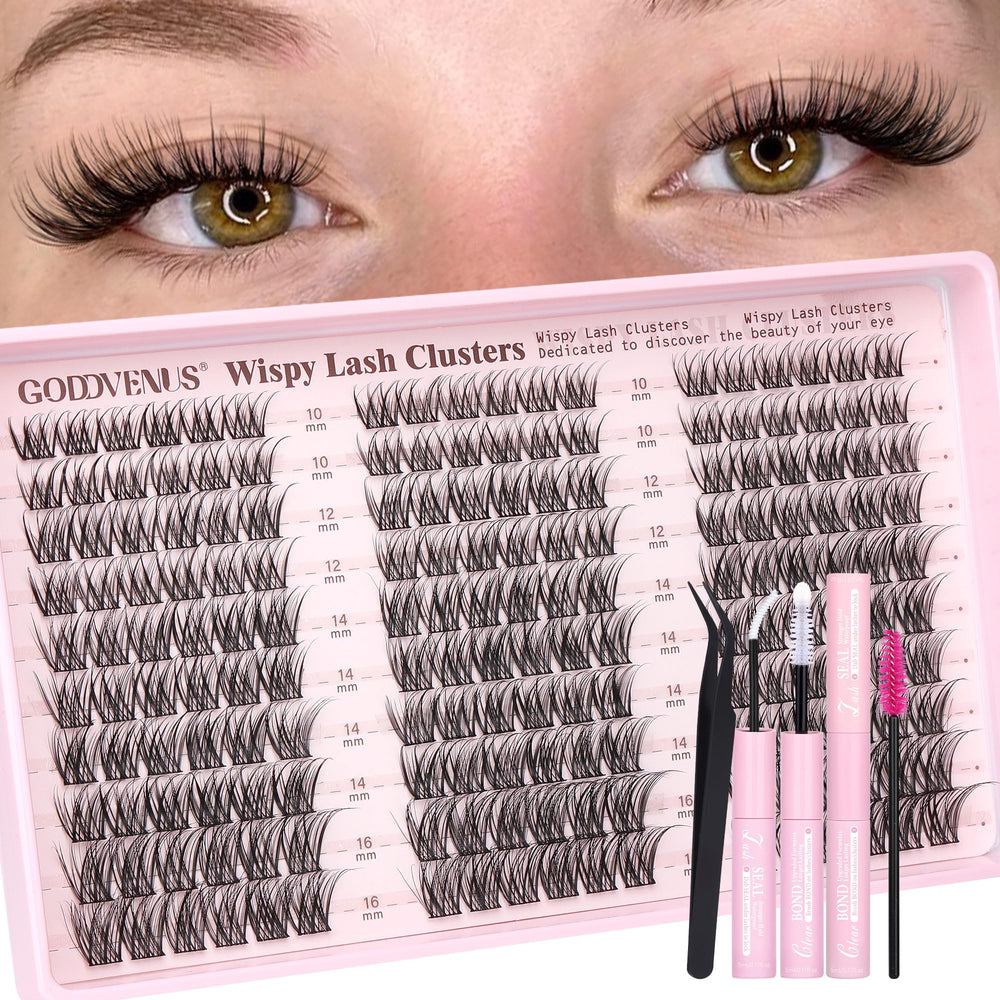 Goddvenus front packaging showing full wispy clusters kit and convenience