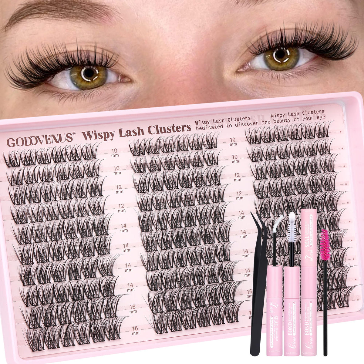 Goddvenus front packaging showing full wispy clusters kit and convenience