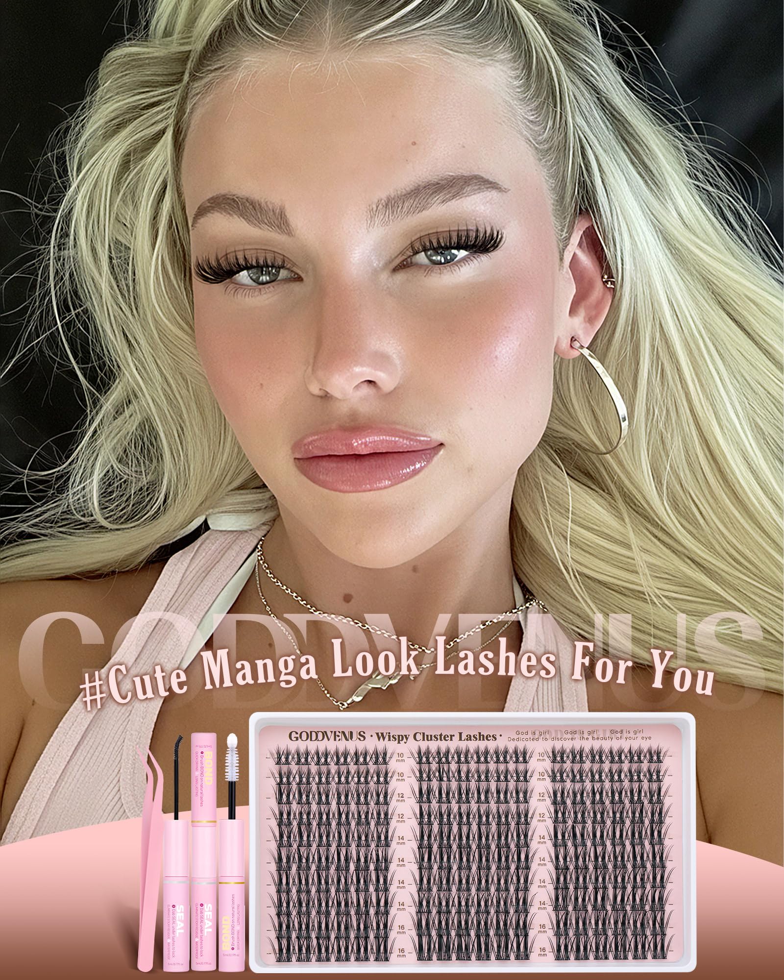 Goddvenus model wearing outer-wing clusters to enhance anime eye shape