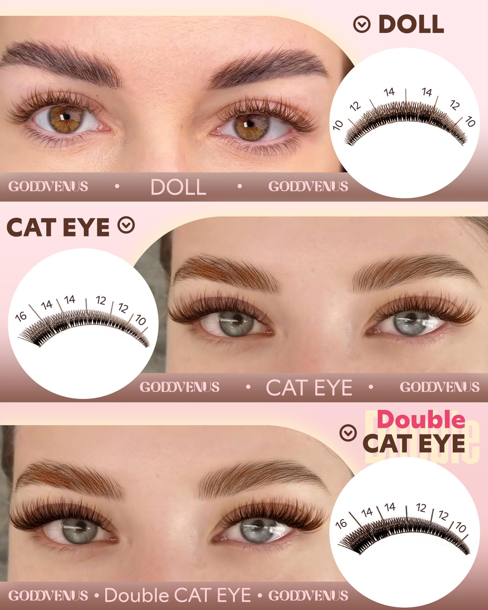 Goddvenus array of styled lashes showing natural, cat-eye, and full glam options
