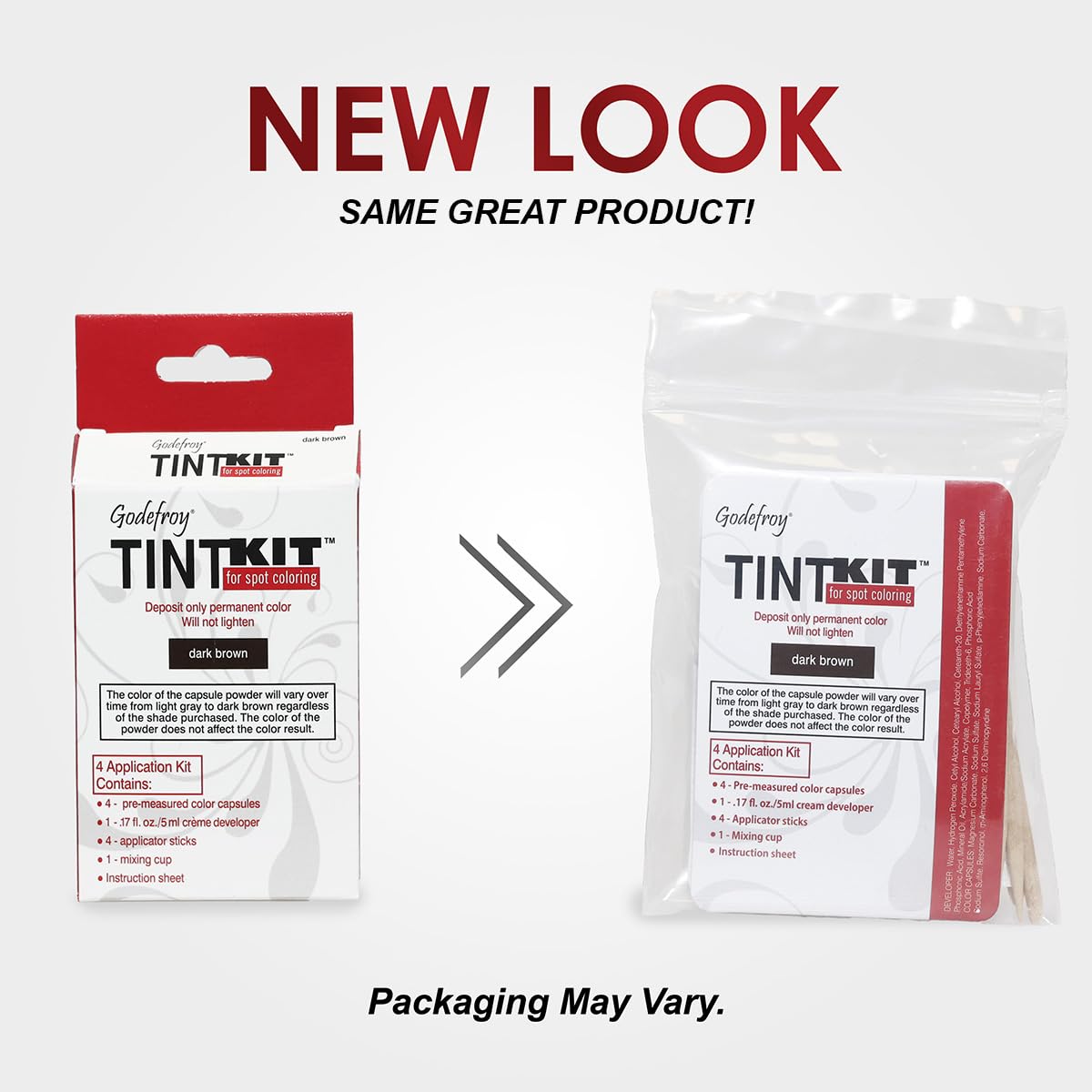 Godefroy capsule and developer close-up illustrating pre-measured portions for mess-free mixing