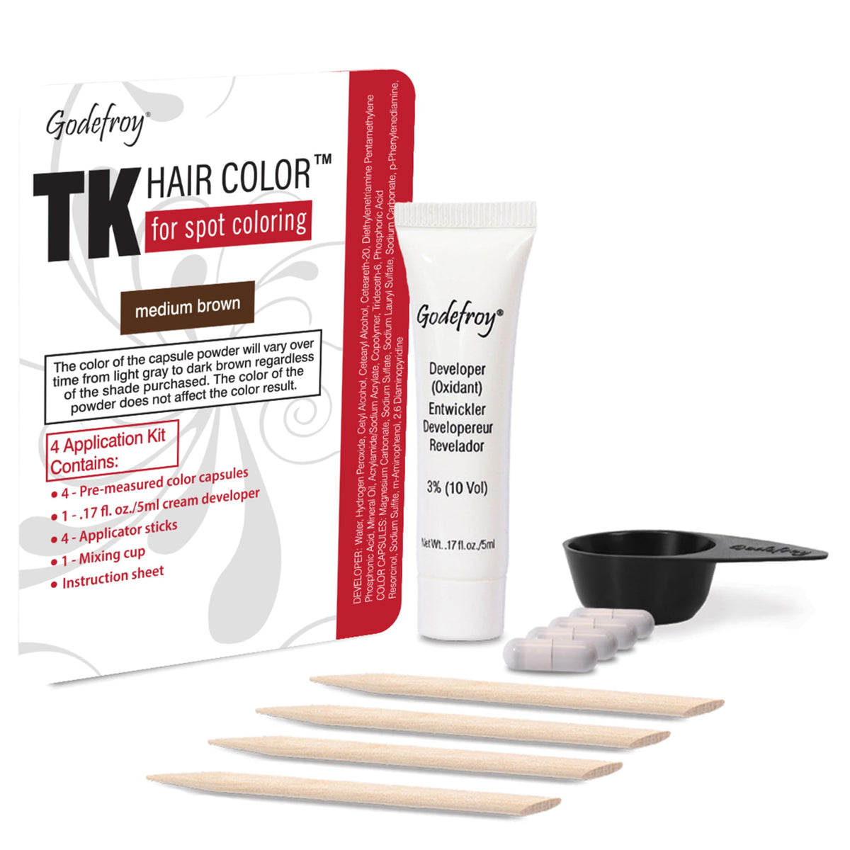Godefroy front packaging medium brown shows complete four-application kit benefits