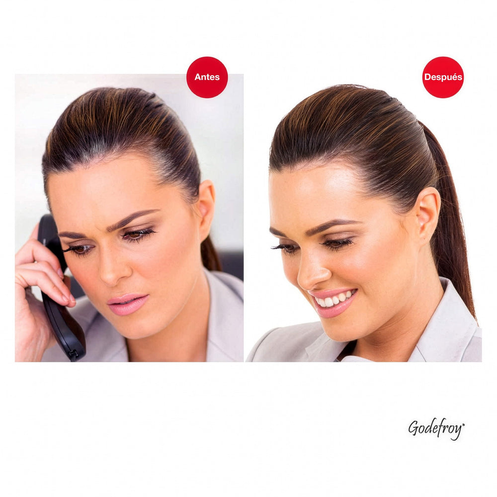 Godefroy model with medium brown hair showing refreshed roots