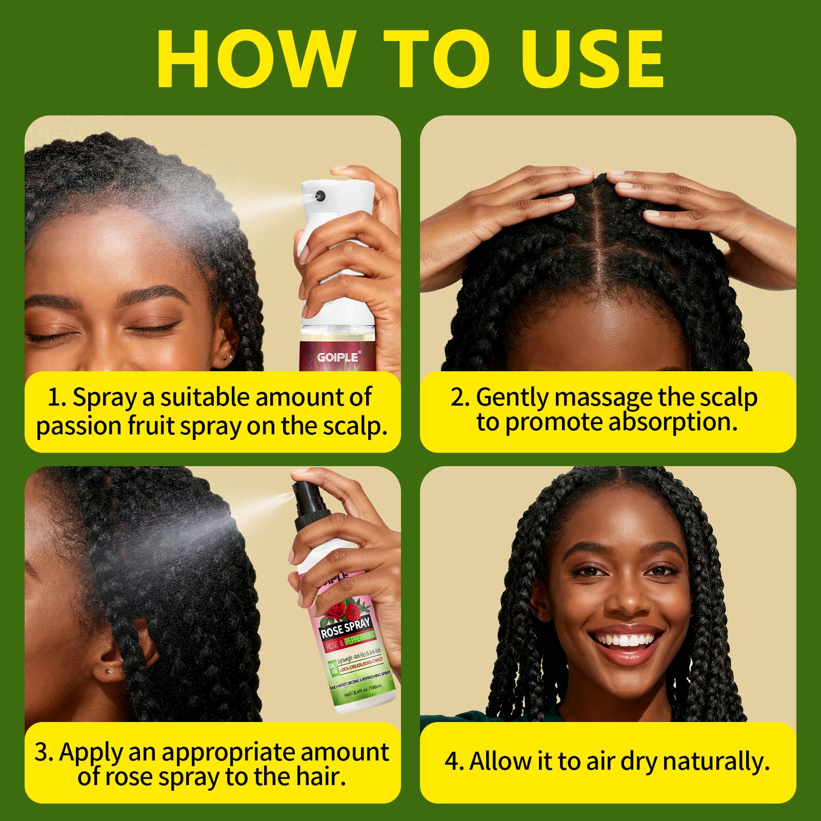 Goiple rose water spray applied to locs to hydrate and add shine