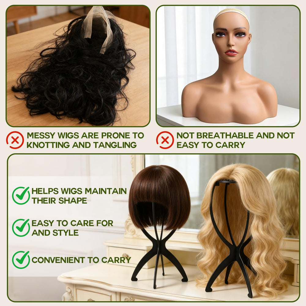 Goiple assembled wig stand supporting a wig with stable support